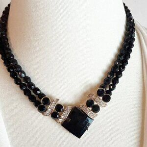 Vintage 1928 Black Beaded Double Strand Necklace w Rhinestone Accents